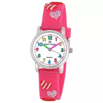   Tiko Time karóra gyerekeknek, ezüst színű fémtok, quartz szerkezet, 3D figurás rózsaszínű műanyag szíj, fehér arab számos számlap, cseppmentes vízállóság