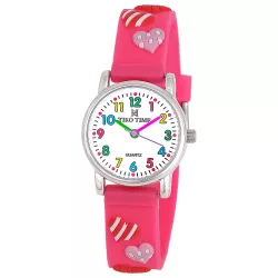   Tiko Time karóra gyerekeknek, ezüst színű fémtok, quartz szerkezet, 3D figurás rózsaszínű műanyag szíj, fehér arab számos számlap, cseppmentes vízállóság