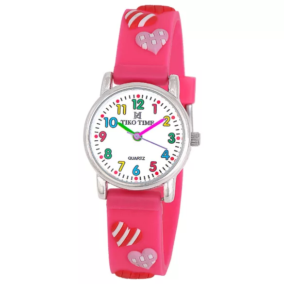 Tiko Time karóra gyerekeknek, ezüst színű fémtok, quartz szerkezet, 3D figurás rózsaszínű műanyag szíj, fehér arab számos számlap, cseppmentes vízállóság