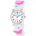   Tiko Time karóra gyerekeknek, ezüst színű fémtok, quartz szerkezet, 3D figurás fehér színű műanyag szíj, fehér arab színű számlap, cseppmentes vízállóság (pillangós)