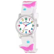   Tiko Time karóra gyerekeknek, ezüst színű fémtok, quartz szerkezet, 3D figurás fehér színű műanyag szíj, fehér arab színű számlap, cseppmentes vízállóság (pillangós)