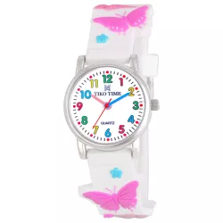   Tiko Time karóra gyerekeknek, ezüst színű fémtok, quartz szerkezet, 3D figurás fehér színű műanyag szíj, fehér arab színű számlap, cseppmentes vízállóság (pillangós)