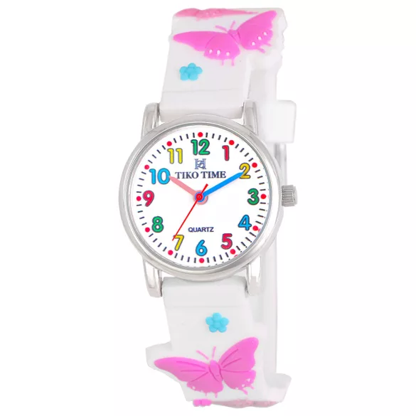 Tiko Time karóra gyerekeknek, ezüst színű fémtok, quartz szerkezet, 3D figurás fehér színű műanyag szíj, fehér arab színű számlap, cseppmentes vízállóság (pillangós)