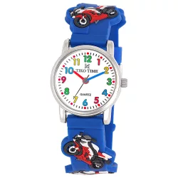   Tiko Time karóra gyerekeknek, ezüst színű fémtok, quartz szerkezet, fehér arab színű számlap, 3D figurás kék színű műanyag szíj, cseppmentes vízállóság (motoros)