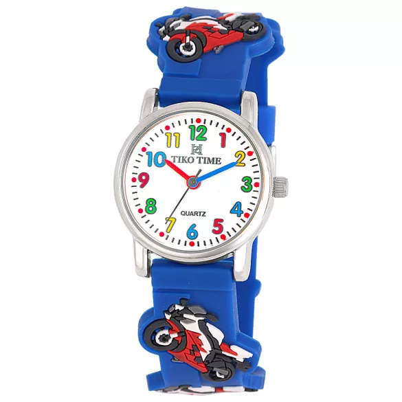 Tiko Time karóra gyerekeknek, ezüst színű fémtok, quartz szerkezet, fehér arab színű számlap, 3D figurás kék színű műanyag szíj, cseppmentes vízállóság (motoros)