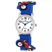   Tiko Time karóra gyerekeknek, ezüst színű fémtok, quartz szerkezet, fehér arab színű számlap, 3D figurás kék színű műanyag szíj, cseppmentes vízállóság (cross motoros)