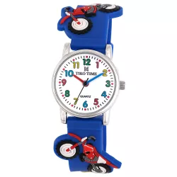   Tiko Time karóra gyerekeknek, ezüst színű fémtok, quartz szerkezet, fehér arab színű számlap, 3D figurás kék színű műanyag szíj, cseppmentes vízállóság (cross motoros)