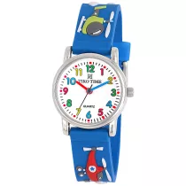   Tiko Time karóra gyerekeknek, ezüst színű fémtok, quartz szerkezet, fehér arab színű számlap, 3D figurás kék színű műanyag szíj, cseppmentes vízállóság (helikopteres)