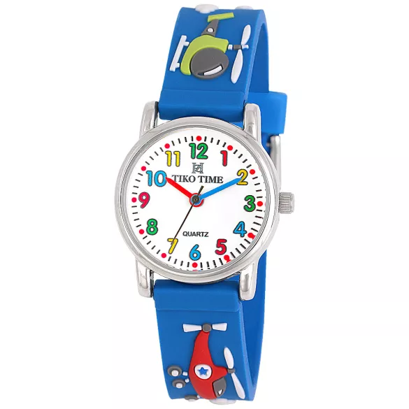 Tiko Time karóra gyerekeknek, ezüst színű fémtok, quartz szerkezet, fehér arab színű számlap, 3D figurás kék színű műanyag szíj, cseppmentes vízállóság (helikopteres)