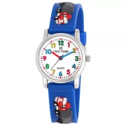   Tiko Time karóra gyerekeknek, ezüst színű fémtok, quartz szerkezet, fehér arab színű számlap, 3D figurás kék színű műanyag szíj, cseppmentes vízállóság (kamionos)