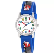   Tiko Time karóra gyerekeknek, ezüst színű fémtok, quartz szerkezet, fehér arab színű számlap, 3D figurás kék színű műanyag szíj, cseppmentes vízállóság (kamionos)