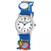   Tiko Time karóra gyerekeknek, ezüst színű fémtok, quartz szerkezet, fehér arab színű számlap, 3D figurás kék színű műanyag szíj, cseppmentes vízállóság (labdás)