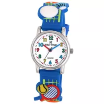   Tiko Time karóra gyerekeknek, ezüst színű fémtok, quartz szerkezet, fehér arab színű számlap, 3D figurás kék színű műanyag szíj, cseppmentes vízállóság (labdás)