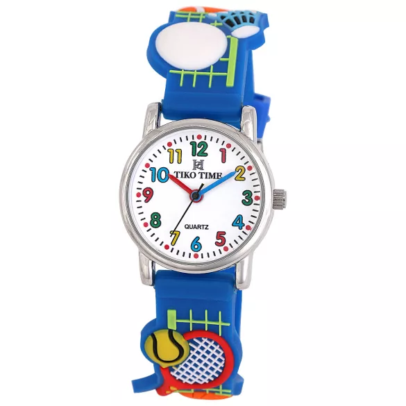 Tiko Time karóra gyerekeknek, ezüst színű fémtok, quartz szerkezet, fehér arab színű számlap, 3D figurás kék színű műanyag szíj, cseppmentes vízállóság (labdás)
