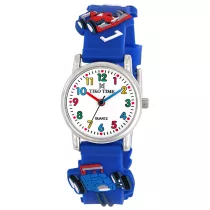   Tiko Time karóra gyerekeknek, ezüst színű fémtok, quartz szerkezet, fehér arab színű számlap, 3D figurás kék színű műanyag szíj, cseppmentes vízállóság (versenyautós)