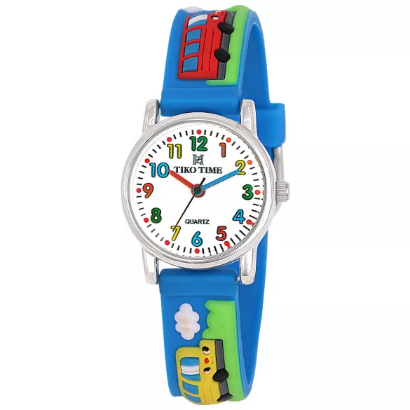 Tiko Time karóra gyerekeknek, ezüst színű fémtok, quartz szerkezet, fehér arab színű számlap, 3D figurás kék színű műanyag szíj, cseppmentes vízállóság (buszos)