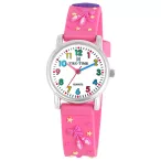   Tiko Time karóra gyerekeknek, ezüst színű fémtok, quartz szerkezet, fehér arab színű számlap, 3D figurás rózsaszín műanyag szíj, cseppmentes vízállóság (tündér kiegészitős)