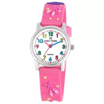   Tiko Time karóra gyerekeknek, ezüst színű fémtok, quartz szerkezet, fehér arab színű számlap, 3D figurás rózsaszín műanyag szíj, cseppmentes vízállóság (tündér kiegészitős)