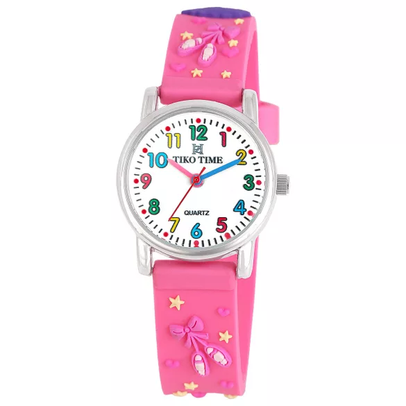 Tiko Time karóra gyerekeknek, ezüst színű fémtok, quartz szerkezet, fehér arab színű számlap, 3D figurás rózsaszín műanyag szíj, cseppmentes vízállóság (tündér kiegészitős)