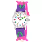   Tiko Time karóra gyerekeknek, ezüst színű fémtok, quartz szerkezet, fehér arab színű számlap, 3D figurás lila műanyag szíj, cseppmentes vízállóság (virágos)
