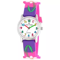   Tiko Time karóra gyerekeknek, ezüst színű fémtok, quartz szerkezet, fehér arab színű számlap, 3D figurás lila műanyag szíj, cseppmentes vízállóság (virágos)