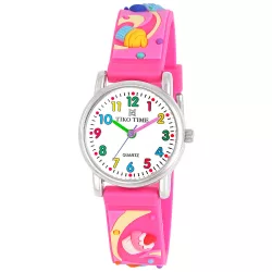   Tiko Time karóra gyerekeknek, ezüst színű fémtok, quartz szerkezet, fehér arab színű számlap, 3D figurás rózsaszín műanyag szíj, cseppmentes vízállóság (sütis)