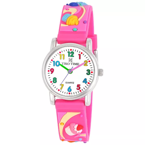 Tiko Time karóra gyerekeknek, ezüst színű fémtok, quartz szerkezet, fehér arab színű számlap, 3D figurás rózsaszín műanyag szíj, cseppmentes vízállóság (sütis)
