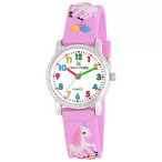   Tiko Time karóra gyerekeknek, ezüst színű fémtok, quartz szerkezet, fehér arab színű számlap, 3D figurás lila műanyag szíj, cseppmentes vízállóság (unikornisos)