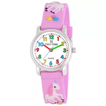   Tiko Time karóra gyerekeknek, ezüst színű fémtok, quartz szerkezet, fehér arab színű számlap, 3D figurás lila műanyag szíj, cseppmentes vízállóság (unikornisos)