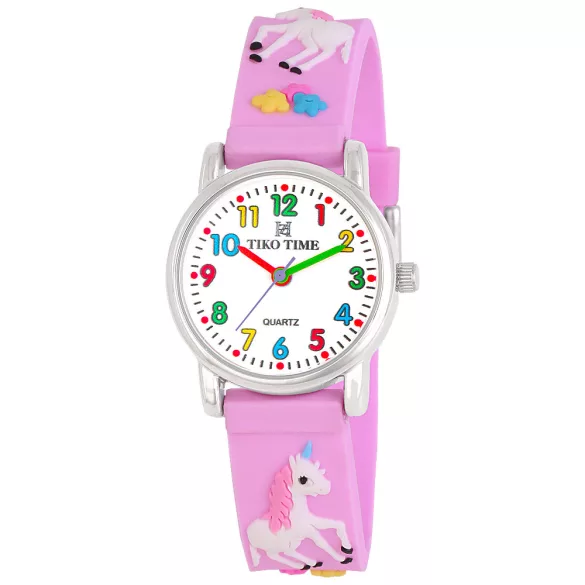 Tiko Time karóra gyerekeknek, ezüst színű fémtok, quartz szerkezet, fehér arab színű számlap, 3D figurás lila műanyag szíj, cseppmentes vízállóság (unikornisos)
