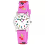   Tiko Time karóra gyerekeknek, ezüst színű fémtok, quartz szerkezet, fehér arab színű számlap, 3D figurás lila műanyag szíj, cseppmentes vízállóság (katicás)