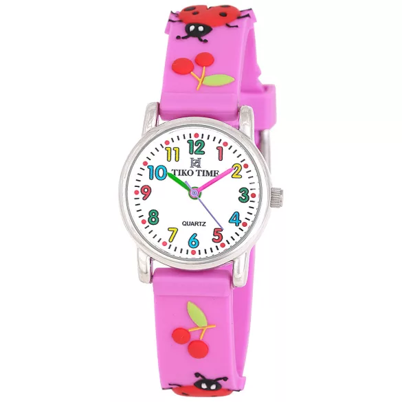 Tiko Time karóra gyerekeknek, ezüst színű fémtok, quartz szerkezet, fehér arab színű számlap, 3D figurás lila műanyag szíj, cseppmentes vízállóság (katicás)