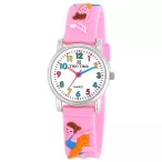   Tiko Time karóra gyerekeknek, ezüst színű fémtok, quartz szerkezet, fehér arab színű számlap, 3D figurás rózsaszín műanyag szíj, cseppmentes vízállóság (balettos)