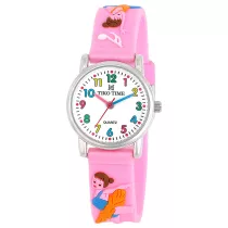   Tiko Time karóra gyerekeknek, ezüst színű fémtok, quartz szerkezet, fehér arab színű számlap, 3D figurás rózsaszín műanyag szíj, cseppmentes vízállóság (balettos)
