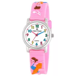   Tiko Time karóra gyerekeknek, ezüst színű fémtok, quartz szerkezet, fehér arab színű számlap, 3D figurás rózsaszín műanyag szíj, cseppmentes vízállóság (balettos)