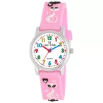   Tiko Time karóra gyerekeknek, ezüst színű fémtok, quartz szerkezet, fehér arab színű számlap, 3D figurás rózsaszín műanyag szíj, cseppmentes vízállóság (cicás)
