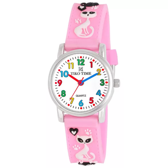 Tiko Time karóra gyerekeknek, ezüst színű fémtok, quartz szerkezet, fehér arab színű számlap, 3D figurás rózsaszín műanyag szíj, cseppmentes vízállóság (cicás)