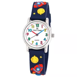   Tiko Time karóra gyerekeknek, ezüst színű fémtok, quartz szerkezet, fehér arab színű számlap, 3D figurás sötét kék színű műanyag szíj, cseppmentes vízállóság (űrhajós)
