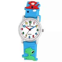   Tiko Time karóra gyerekeknek, ezüst színű fémtok, quartz szerkezet, fehér arab színű számlap, 3D figurás világos kék színű műanyag szíj, cseppmentes vízállóság (dínós)
