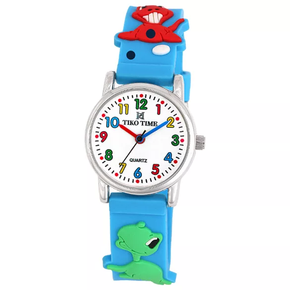 Tiko Time karóra gyerekeknek, ezüst színű fémtok, quartz szerkezet, fehér arab színű számlap, 3D figurás világos kék színű műanyag szíj, cseppmentes vízállóság (dínós)
