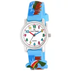   Tiko Time karóra gyerekeknek, ezüst színű fémtok, quartz szerkezet, fehér arab színű számlap, 3D figurás világos kék színű műanyag szíj, cseppmentes vízállóság (horgászos)