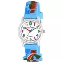   Tiko Time karóra gyerekeknek, ezüst színű fémtok, quartz szerkezet, fehér arab színű számlap, 3D figurás világos kék színű műanyag szíj, cseppmentes vízállóság (horgászos)