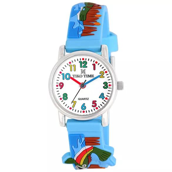 Tiko Time karóra gyerekeknek, ezüst színű fémtok, quartz szerkezet, fehér arab színű számlap, 3D figurás világos kék színű műanyag szíj, cseppmentes vízállóság (horgászos)