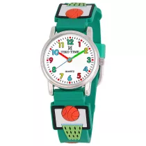   Tiko Time karóra gyerekeknek, ezüst színű fémtok, quartz szerkezet, fehér arab színű számlap, 3D figurás sötét zöld színű műanyag szíj, cseppmentes vízállóság (kosárlabdás)