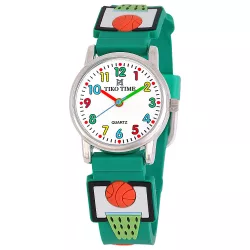   Tiko Time karóra gyerekeknek, ezüst színű fémtok, quartz szerkezet, fehér arab színű számlap, 3D figurás sötét zöld színű műanyag szíj, cseppmentes vízállóság (kosárlabdás)