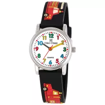   Tiko Time karóra gyerekeknek, ezüst színű fémtok, quartz szerkezet, fehér arab színű számlap, 3D figurás fekete színű műanyag szíj, cseppmentes vízállóság (tűzoltóautós)