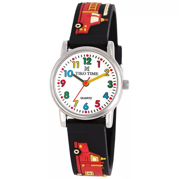 Tiko Time karóra gyerekeknek, ezüst színű fémtok, quartz szerkezet, fehér arab színű számlap, 3D figurás fekete színű műanyag szíj, cseppmentes vízállóság (tűzoltóautós)