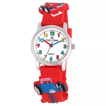   Tiko Time karóra gyerekeknek, ezüst színű fémtok, quartz szerkezet, fehér arab színű számlap, 3D figurás piros színű műanyag szíj, cseppmentes vízállóság (versenyautós)