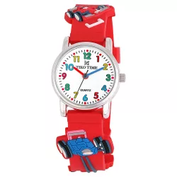   Tiko Time karóra gyerekeknek, ezüst színű fémtok, quartz szerkezet, fehér arab színű számlap, 3D figurás piros színű műanyag szíj, cseppmentes vízállóság (versenyautós)