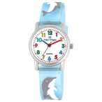   Tiko Time karóra gyerekeknek, ezüst színű fémtok, quartz szerkezet, fehér arab színű számlap, 3D figurás kékes áttetsző műanyag szíj, cseppmentes vízállóság (delfines)